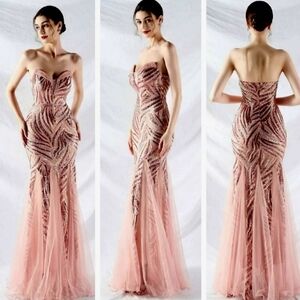 Pink, Striped Print, Backless, Sleeveless, Contrast Sequined Mermaid …